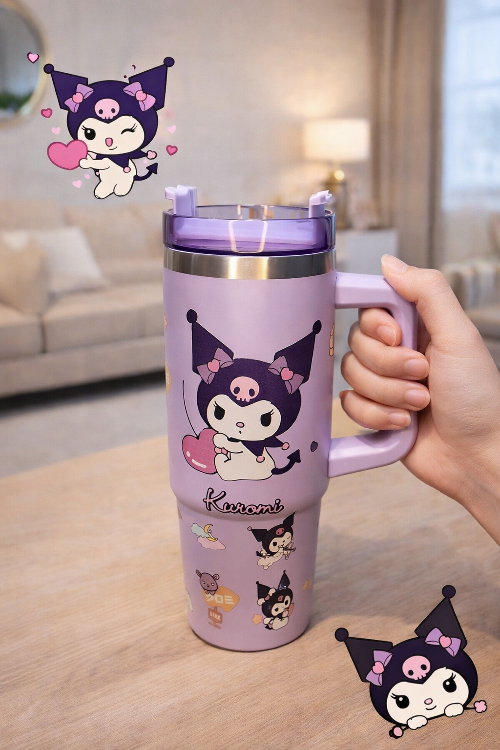 CloudCherry 1000ml Kuromi Tumbler with Straw and Handle, Cute Stainless Steel Insulated Travel Cup