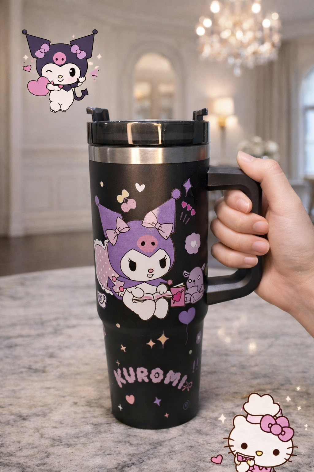 CloudCherry 1000ml Kuromi Tumbler with Straw and Handle, Cute Stainless Steel Insulated Travel Cup(Black)
