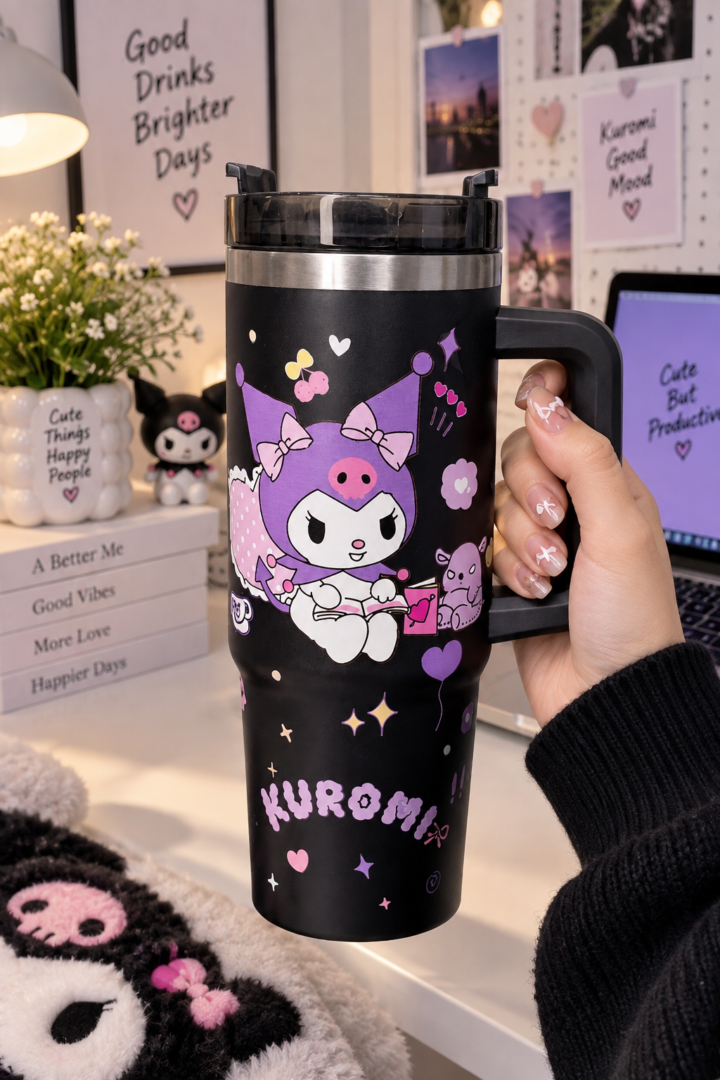 CloudCherry 1000ml Kuromi Tumbler with Straw and Handle, Cute Stainless Steel Insulated Travel Cup(Black)