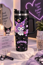CloudCherry 1000ml Kuromi Tumbler with Straw and Handle, Cute Stainless Steel Insulated Travel Cup(Black)