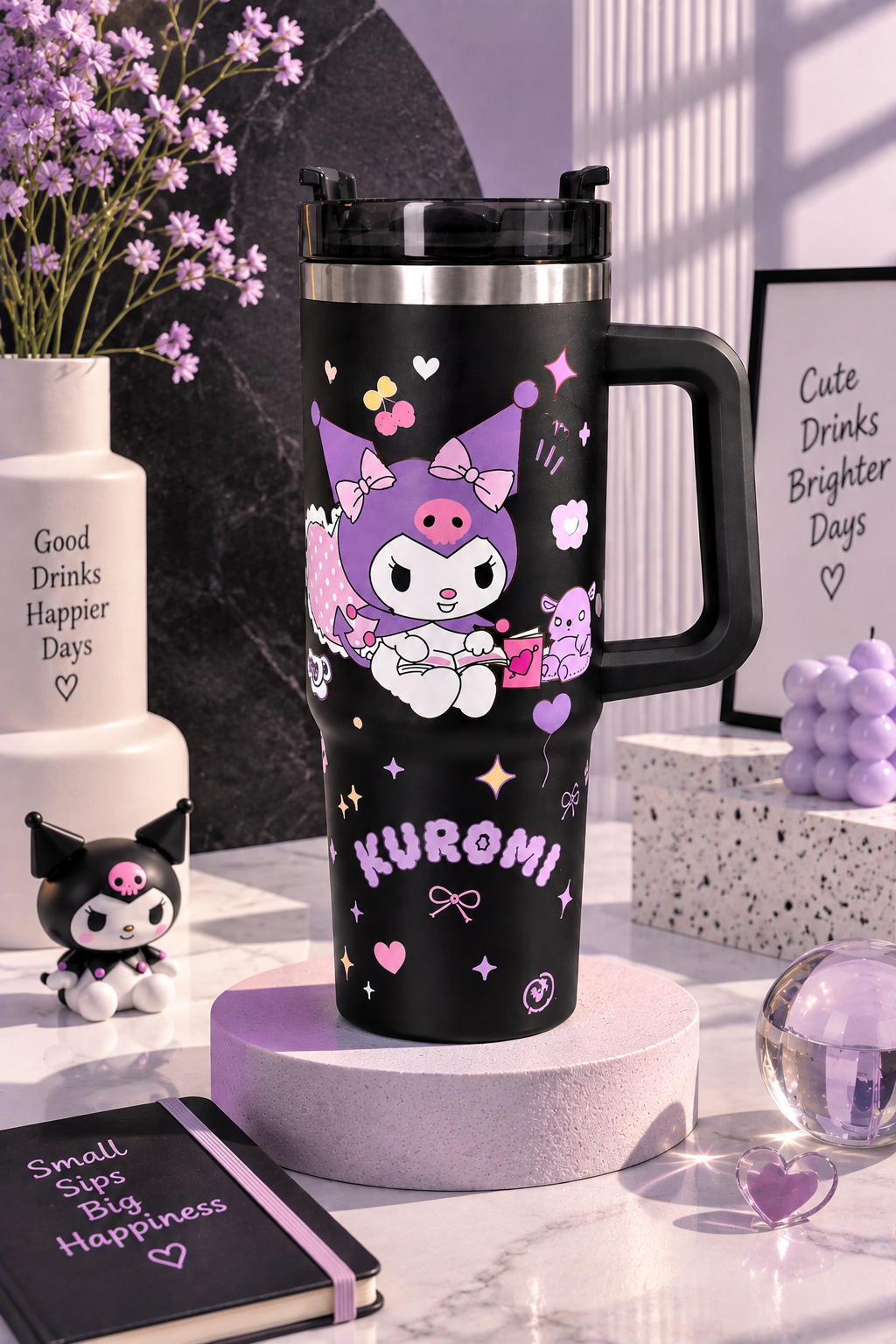 CloudCherry 1000ml Kuromi Tumbler with Straw and Handle, Cute Stainless Steel Insulated Travel Cup(Black)