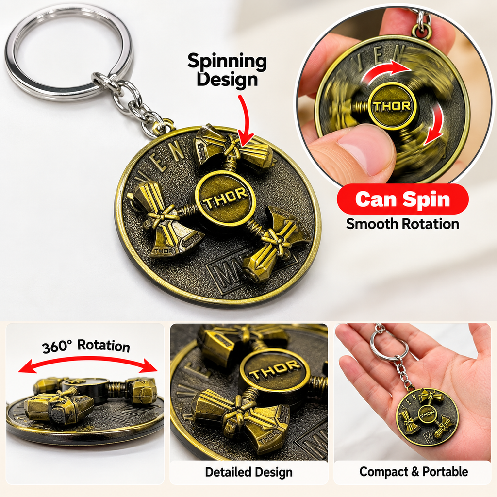 360° Rotating Metal Keychain, Spinner Key Ring with Hammer-Inspired Design