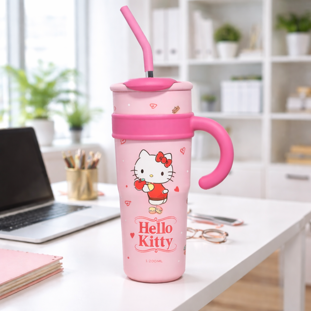 Hello Kitty 1200ML Kawaii Handle Tumbler with Straw – Leakproof Travel Cup for Girls & Women