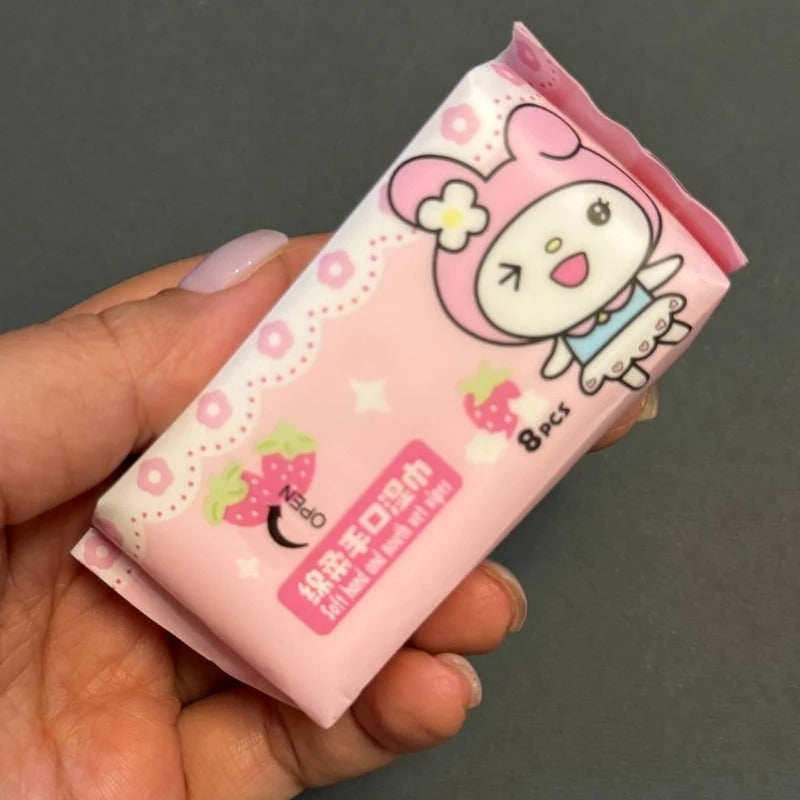 My Melody Pocket Wet Wipes Pack of 8 , 64 Pcs Soft Portable Cleaning Wipes for Hands & Face