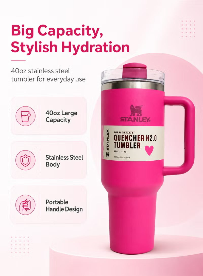 Stanley Tumbler with Handle and Straw, Stainless Steel Insulated Travel Cup (Pink)