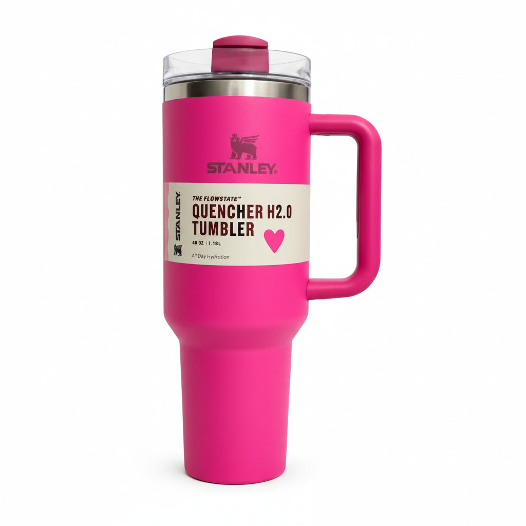 Stanley Tumbler with Handle and Straw, Stainless Steel Insulated Travel Cup (Pink)