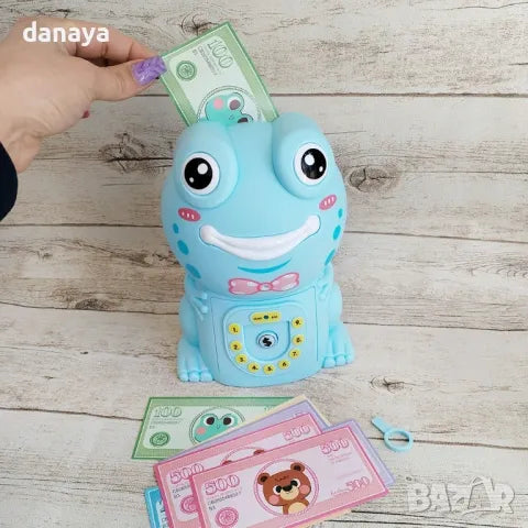 Cute Frog ATM Piggy Bank for Kids | Password-Protected Electronic Money Saving Box | Cash &amp; Coin Deposit Safe with Auto Note Roll-In | Educational Saving Bank Toy (Blue/Pink)