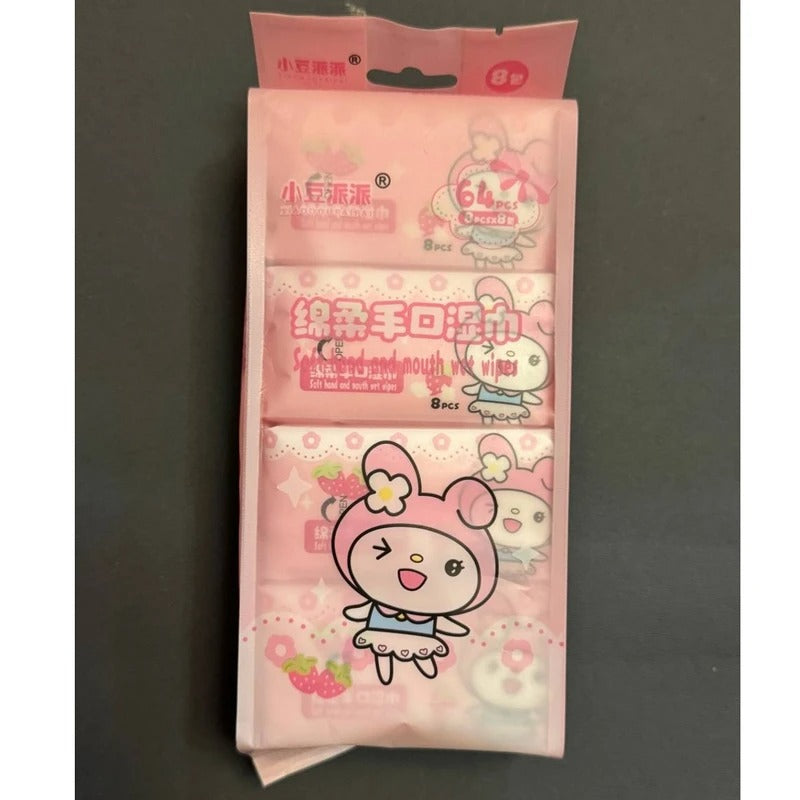 My Melody Pocket Wet Wipes Pack of 8 , 64 Pcs Soft Portable Cleaning Wipes for Hands & Face