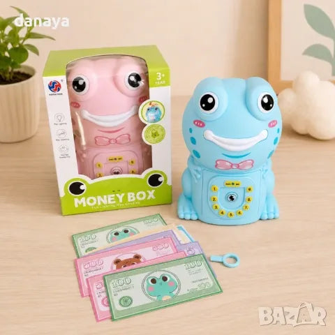 Cute Frog ATM Piggy Bank for Kids | Password-Protected Electronic Money Saving Box | Cash &amp; Coin Deposit Safe with Auto Note Roll-In | Educational Saving Bank Toy (Blue/Pink)