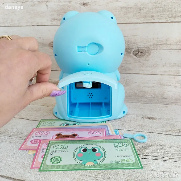 Cute Frog ATM Piggy Bank for Kids | Password-Protected Electronic Money Saving Box | Cash &amp; Coin Deposit Safe with Auto Note Roll-In | Educational Saving Bank Toy (Blue/Pink)