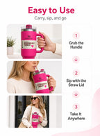 Stanley Tumbler with Handle and Straw, Stainless Steel Insulated Travel Cup (Pink)