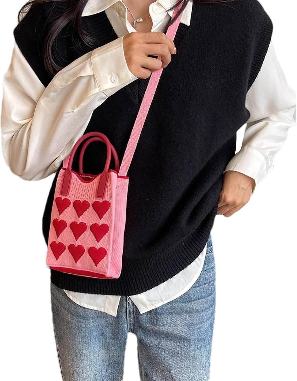 Knitted Phone Crossbody Bag for Women with Shoulder Strap & Snap Closure