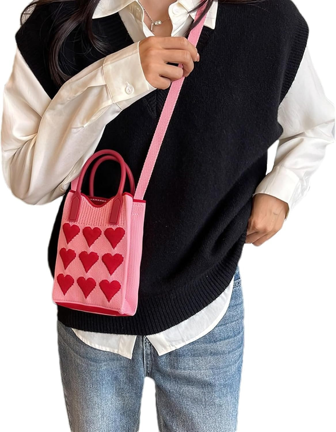 Knitted Phone Crossbody Bag for Women with Shoulder Strap & Snap Closure