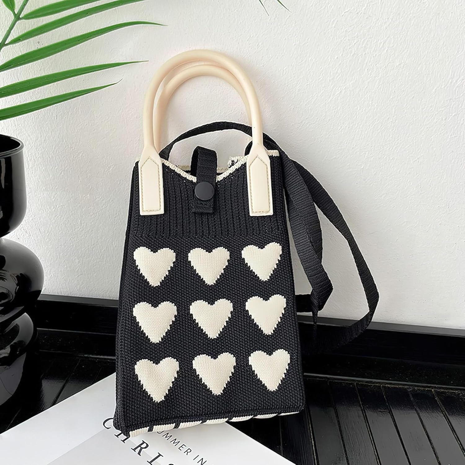 Knitted Phone Crossbody Bag for Women with Shoulder Strap & Snap Closure