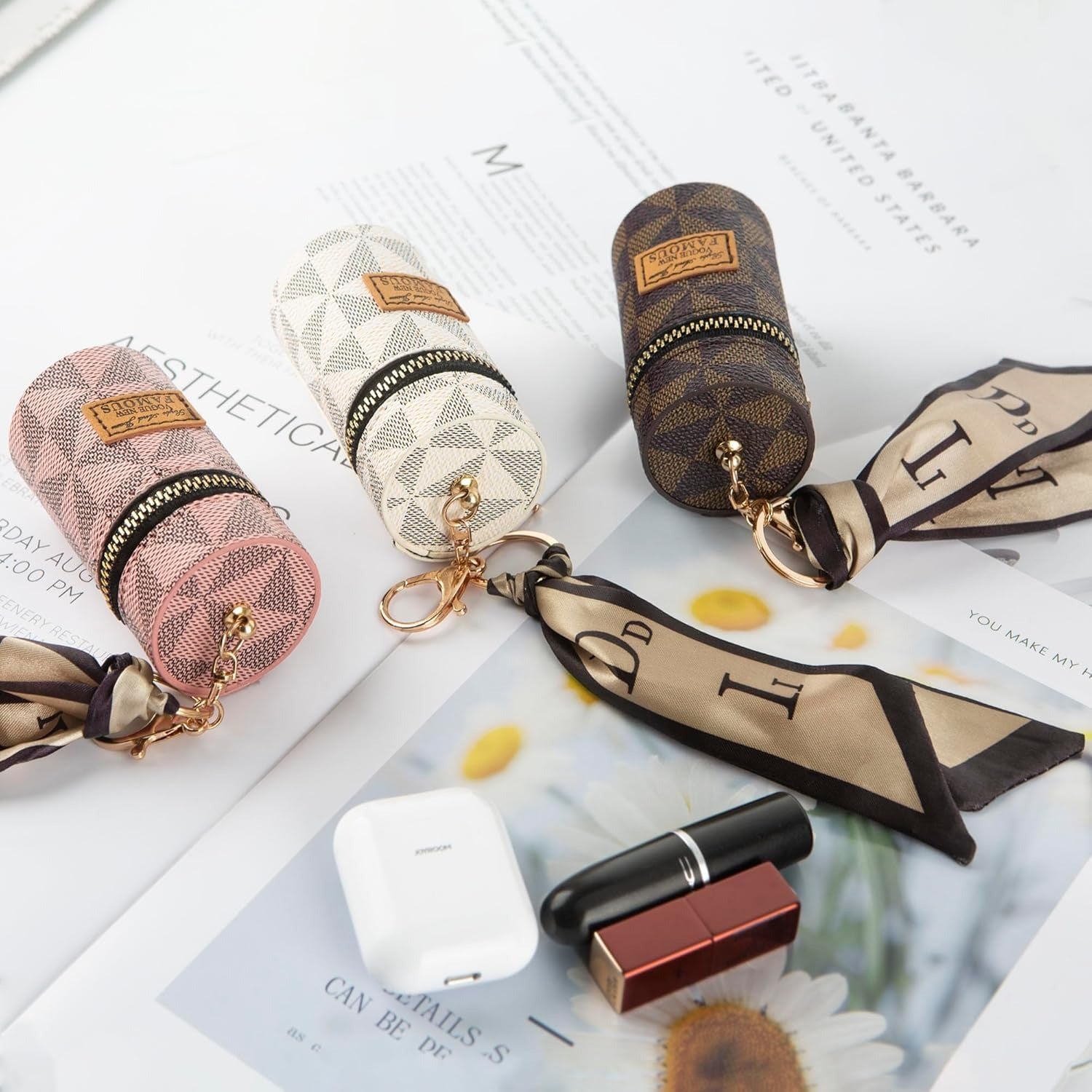 CloudCherry Mini Cylinder Lipstick Holder Pouch with Keychain, Portable PU Leather Lip Gloss Organizer Case, Zipper Makeup Storage Bag Charm for Women & Girls, 9.5 cm