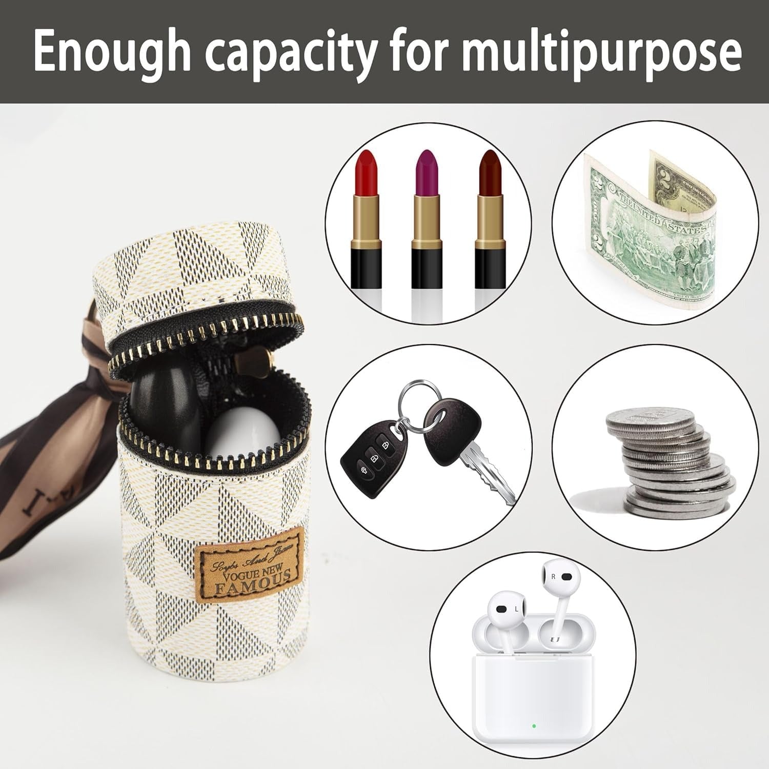 CloudCherry Mini Cylinder Lipstick Holder Pouch with Keychain, Portable PU Leather Lip Gloss Organizer Case, Zipper Makeup Storage Bag Charm for Women & Girls, 9.5 cm