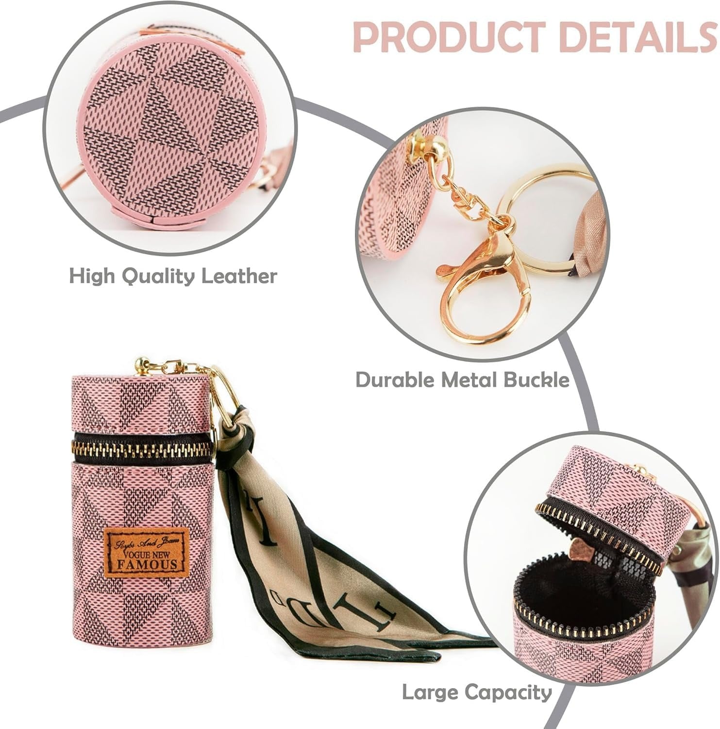 CloudCherry Mini Cylinder Lipstick Holder Pouch with Keychain, Portable PU Leather Lip Gloss Organizer Case, Zipper Makeup Storage Bag Charm for Women & Girls, 9.5 cm
