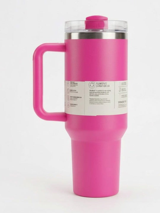Stanley Tumbler with Handle and Straw, Stainless Steel Insulated Travel Cup (Pink)