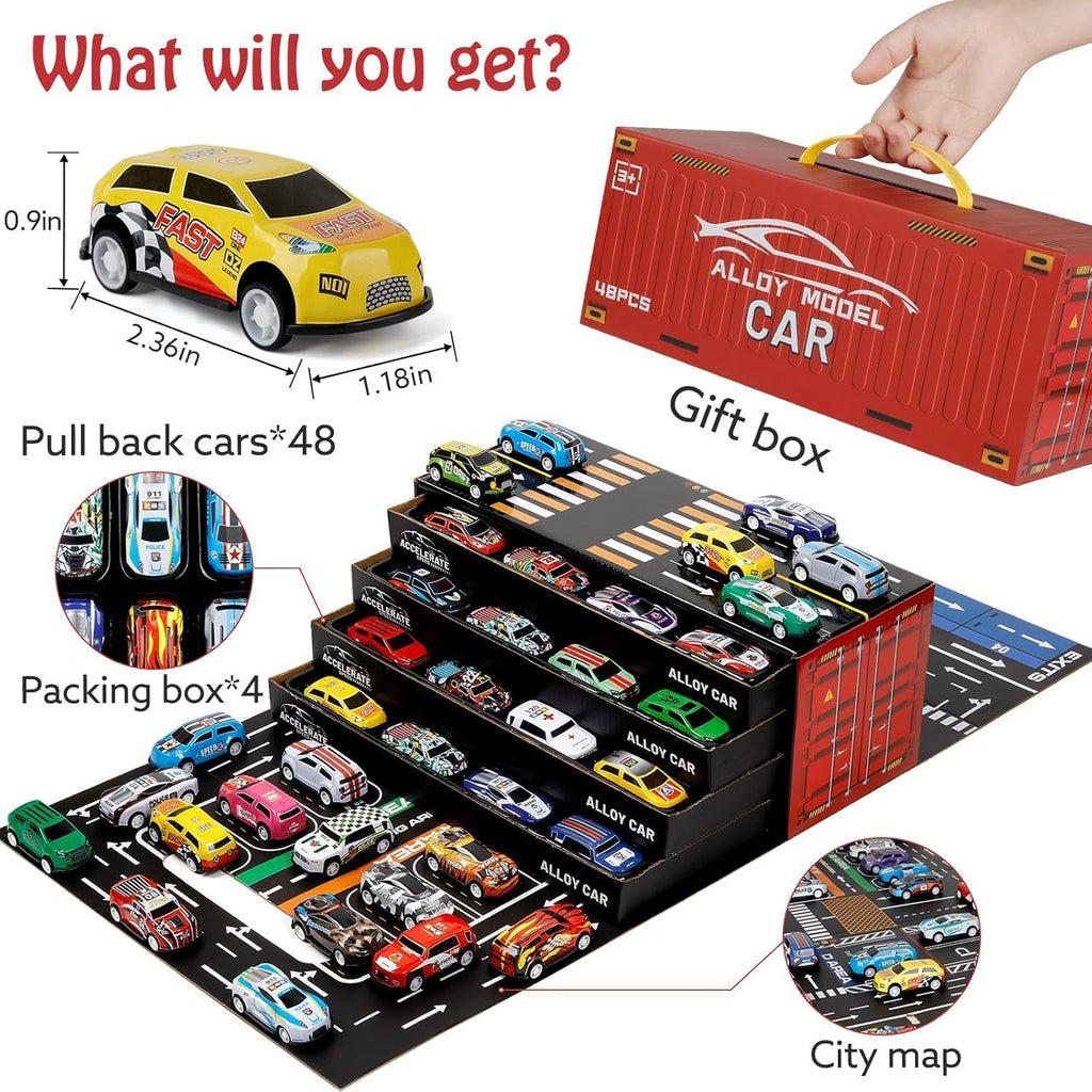48-Piece Alloy Die-Cast Toy Car Set with Foldable Storage Container &amp; Multi-Level Parking Display | Mini Racing Cars Collection | Portable Carry Case | Kids Gift