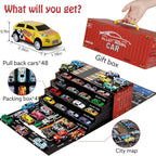 48-Piece Alloy Die-Cast Toy Car Set with Foldable Storage Container &amp; Multi-Level Parking Display | Mini Racing Cars Collection | Portable Carry Case | Kids Gift