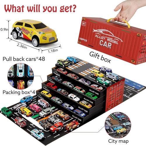 48-Piece Alloy Die-Cast Toy Car Set with Foldable Storage Container &amp; Multi-Level Parking Display | Mini Racing Cars Collection | Portable Carry Case | Kids Gift