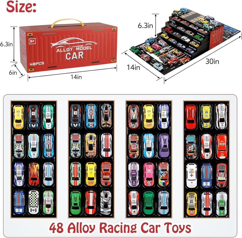 48-Piece Alloy Die-Cast Toy Car Set with Foldable Storage Container &amp; Multi-Level Parking Display | Mini Racing Cars Collection | Portable Carry Case | Kids Gift