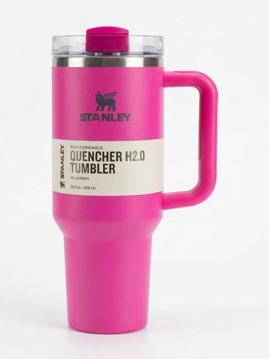 Stanley Tumbler with Handle and Straw, Stainless Steel Insulated Travel Cup (Pink)