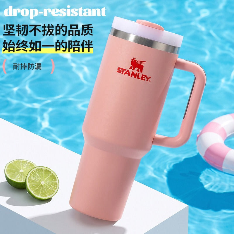 Stanley Tumbler with Handle and Straw, Stainless Steel Insulated Travel Cup (Rose)