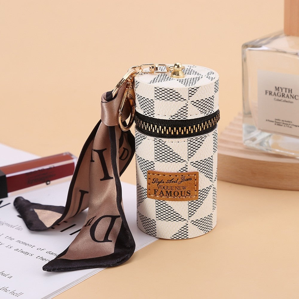 CloudCherry Mini Cylinder Lipstick Holder Pouch with Keychain, Portable PU Leather Lip Gloss Organizer Case, Zipper Makeup Storage Bag Charm for Women & Girls, 9.5 cm