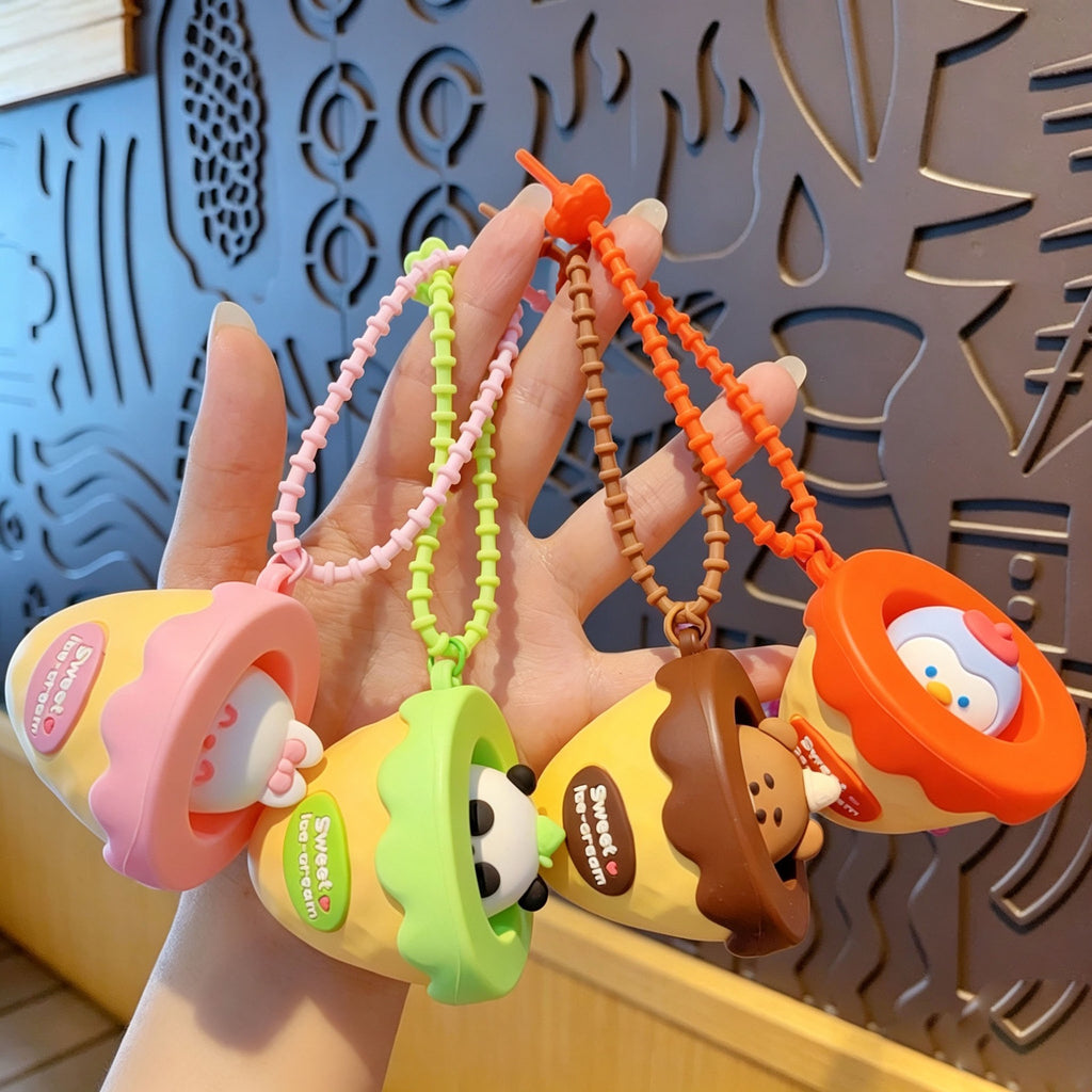 Cute Pop-Up Ice Cream Character Keychain | Kawaii Silicone Pendant | Portable Bag Charm | Collectible Keyring | Panda, Bear, Penguin &amp; Bunny Designs