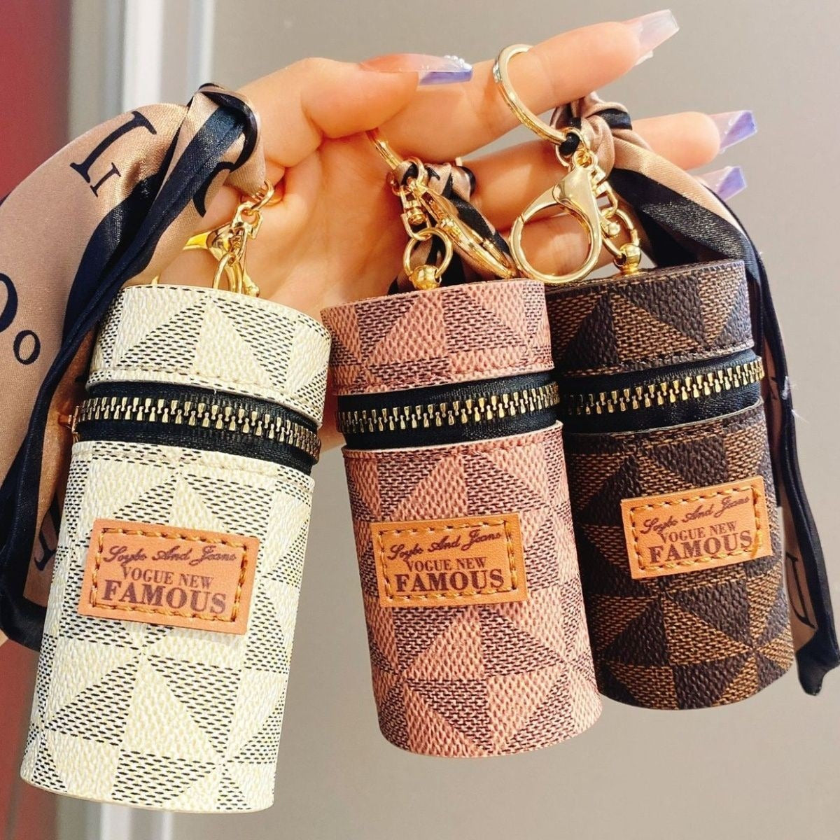 CloudCherry Mini Cylinder Lipstick Holder Pouch with Keychain, Portable PU Leather Lip Gloss Organizer Case, Zipper Makeup Storage Bag Charm for Women & Girls, 9.5 cm