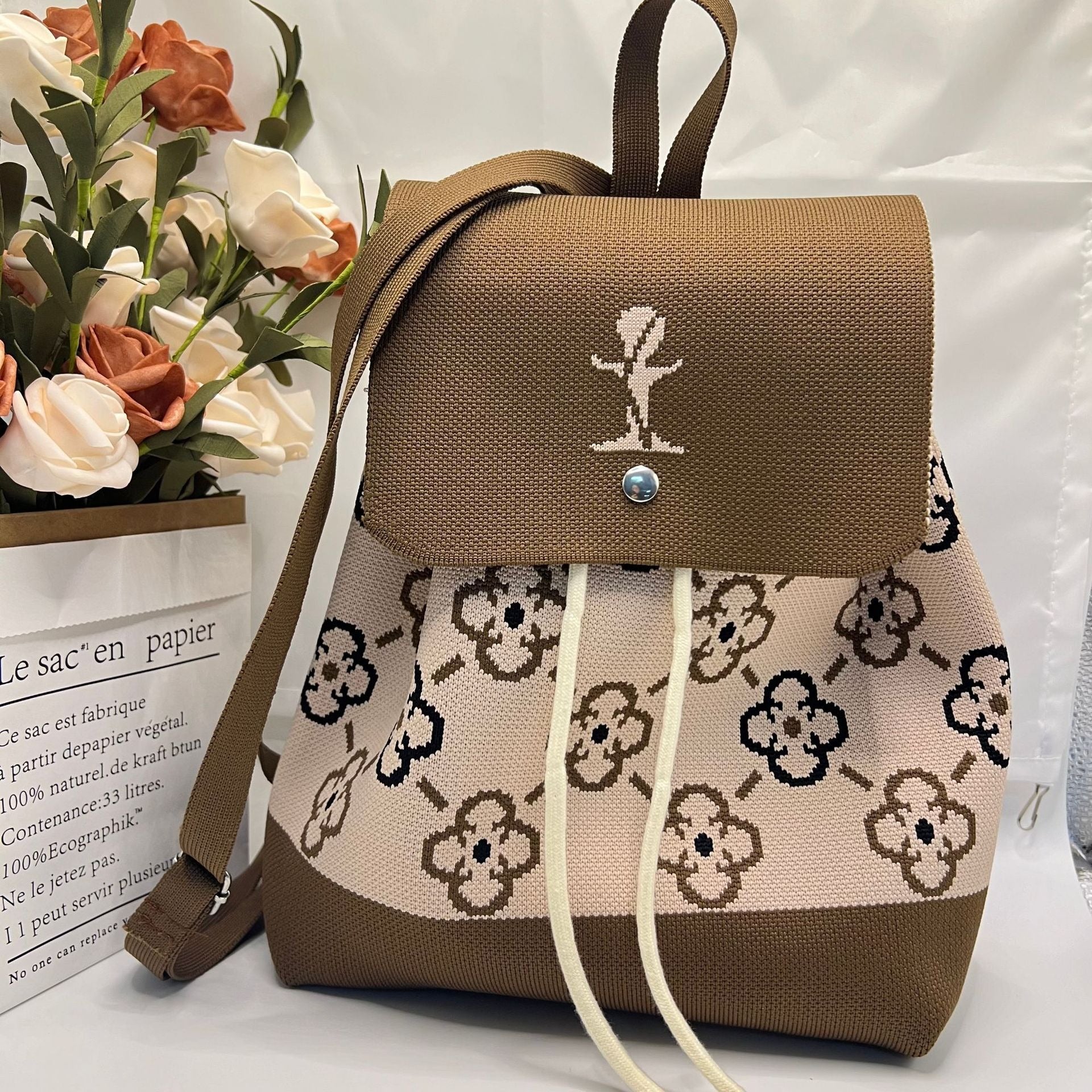 Knitted Canvas Backpack for Women with Drawstring Closure &amp; Adjustable Straps