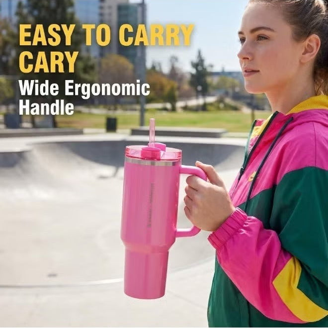 Stanley + Starbucks Tumbler with Handle and Straw, Stainless Steel Insulated Travel Cup(Pink)