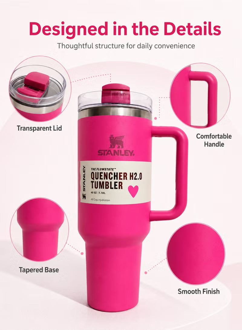 Stanley Tumbler with Handle and Straw, Stainless Steel Insulated Travel Cup (Pink)