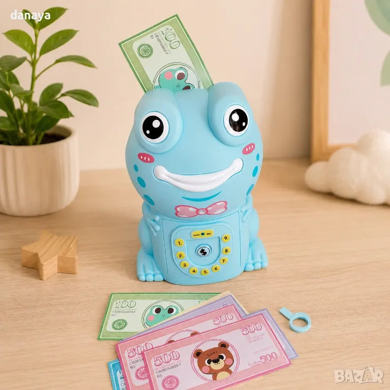 Cute Frog ATM Piggy Bank for Kids | Password-Protected Electronic Money Saving Box | Cash &amp; Coin Deposit Safe with Auto Note Roll-In | Educational Saving Bank Toy (Blue/Pink)