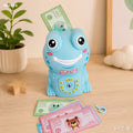 Cute Frog ATM Piggy Bank for Kids | Password-Protected Electronic Money Saving Box | Cash &amp; Coin Deposit Safe with Auto Note Roll-In | Educational Saving Bank Toy (Blue/Pink)