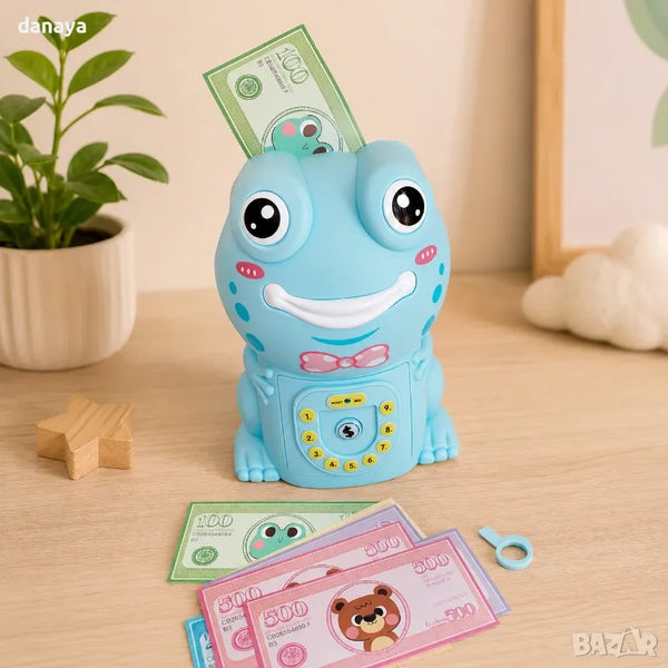 Cute Frog ATM Piggy Bank for Kids | Password-Protected Electronic Money Saving Box | Cash &amp; Coin Deposit Safe with Auto Note Roll-In | Educational Saving Bank Toy (Blue/Pink)