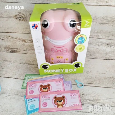 Cute Frog ATM Piggy Bank for Kids | Password-Protected Electronic Money Saving Box | Cash &amp; Coin Deposit Safe with Auto Note Roll-In | Educational Saving Bank Toy (Blue/Pink)