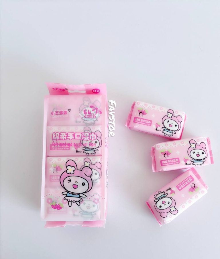 My Melody Pocket Wet Wipes Pack of 8 , 64 Pcs Soft Portable Cleaning Wipes for Hands & Face