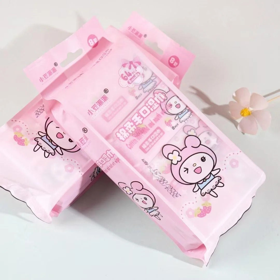 My Melody Pocket Wet Wipes Pack of 8 , 64 Pcs Soft Portable Cleaning Wipes for Hands & Face