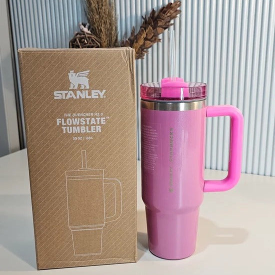 Stanley + Starbucks Tumbler with Handle and Straw, Stainless Steel Insulated Travel Cup(Pink)