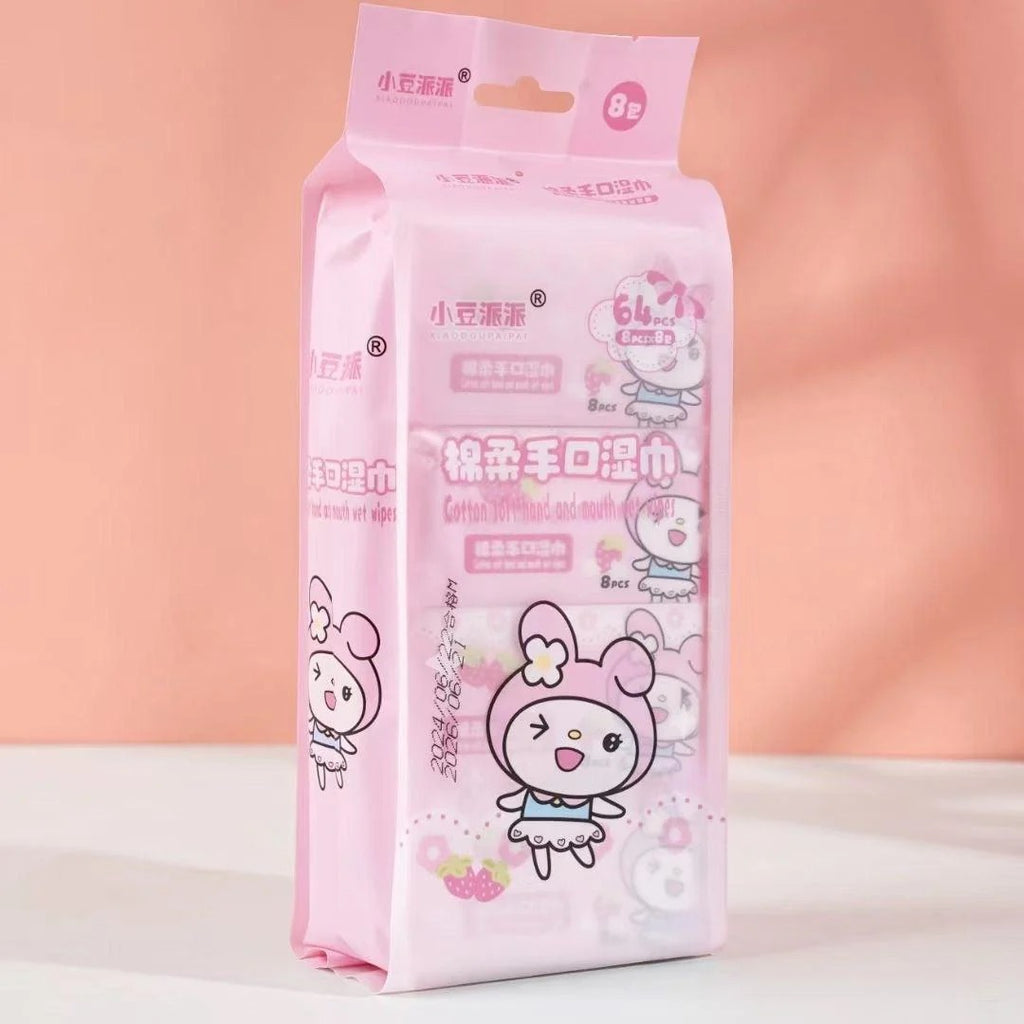 My Melody Pocket Wet Wipes Pack of 8 , 64 Pcs Soft Portable Cleaning Wipes for Hands & Face