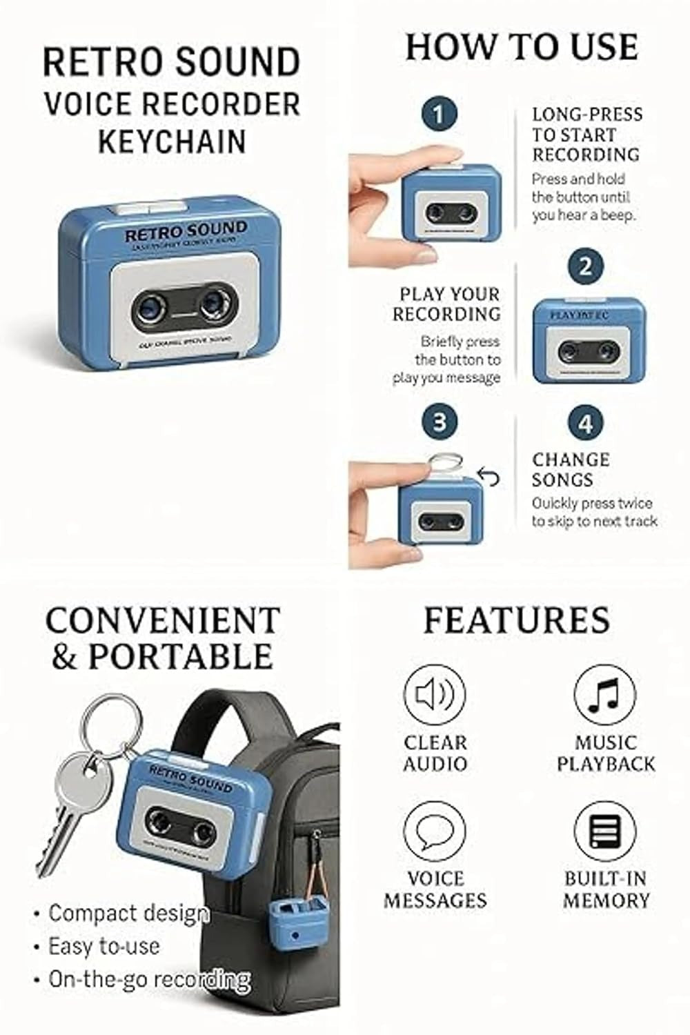Retro Sound Voice Recorder Keychain – 15-Second Voice Recording Mini Cassette Recorder